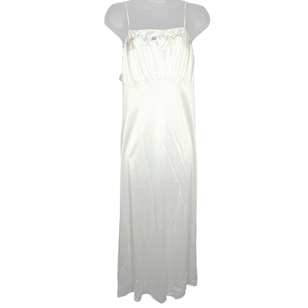 Vintage 70s Maxi Slip Dress M Pink Embroidered Dainty Coquette Romantic Nylon‎